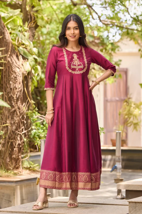 Magenta Anarkali with Kathakali & Golden Thread Detailing